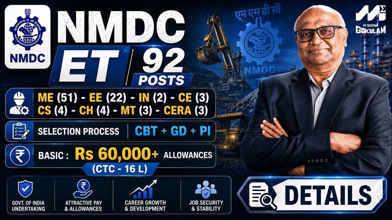 NMDC ET Recruitment 2026 | 92 Posts | ME, EE, CE, CS, CH, MT | CBT + GD + PI | 16 LPA