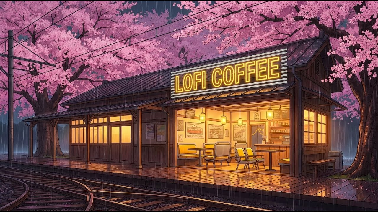 Neon Lofi Coffee by a Rainy Sakura Platform at Night 🌸💡 Lofi Coffee for Study, Relax, Night Focus