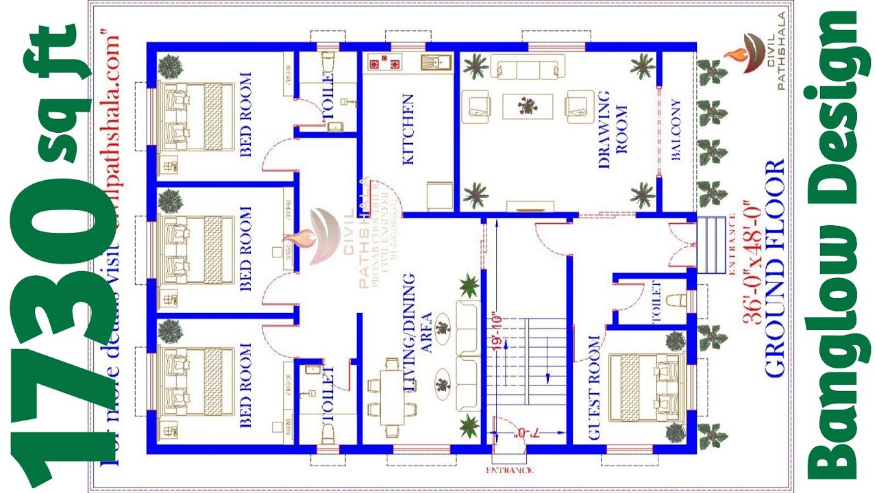 बंगलौ डिज़ाइन 3 रूम के साथ by @CivilPathshala | 36x48 Home Plan 🏡