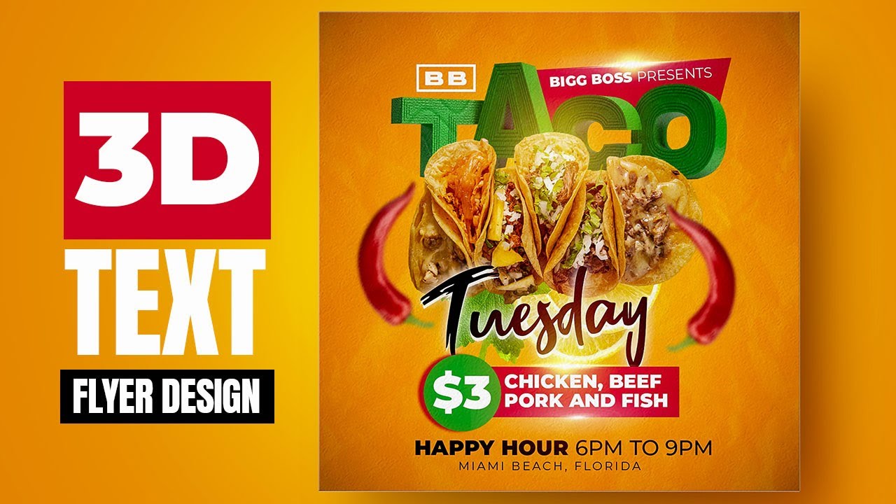 Learn how to make Taco Tuesday flyer | 3d title | creative design | FREE PSD