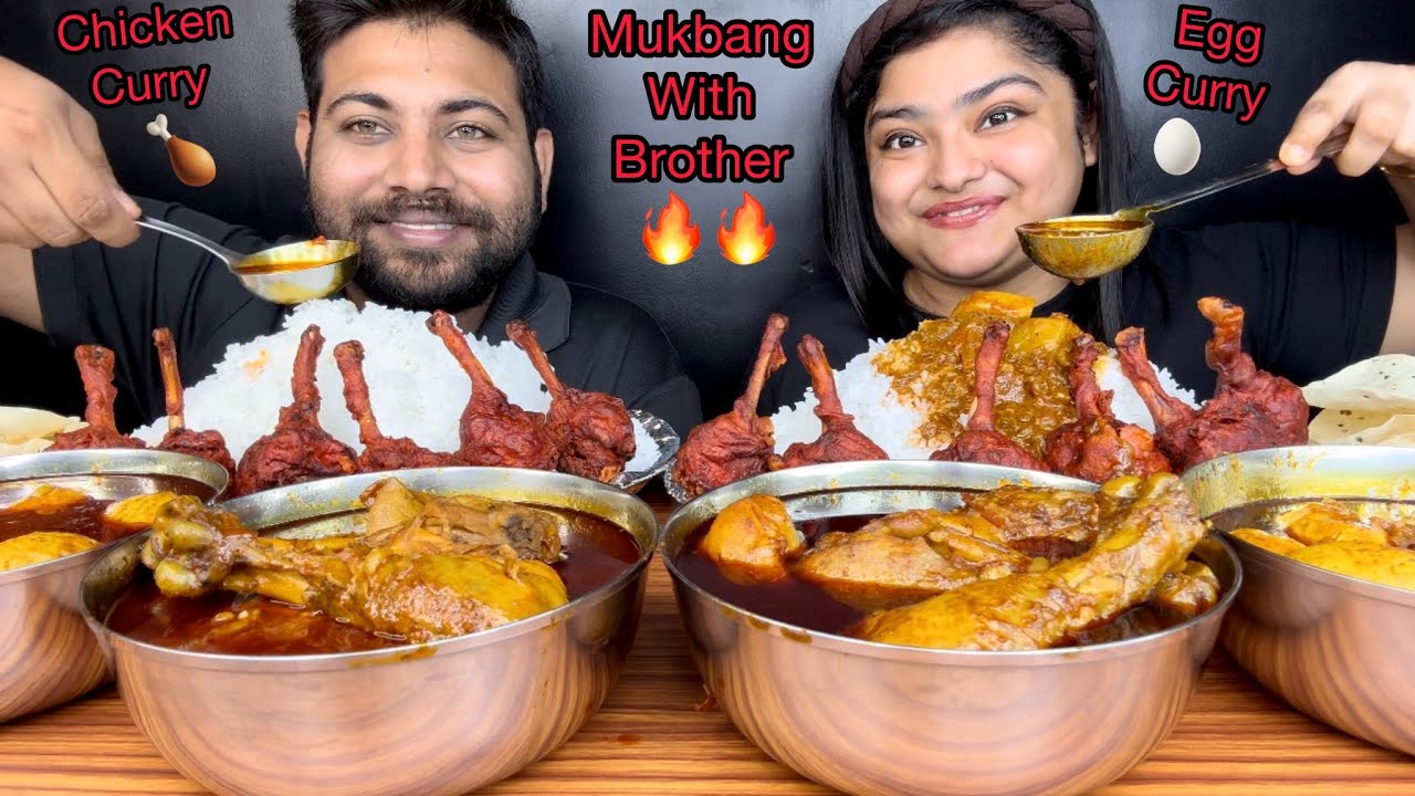 MUKBANG WITH BROTHER, SPICY MURGIR LAL LAL JHOL AND SPICY EGG LAL LAL JHOL, CHICKEN LOLLIPOP | ASMR