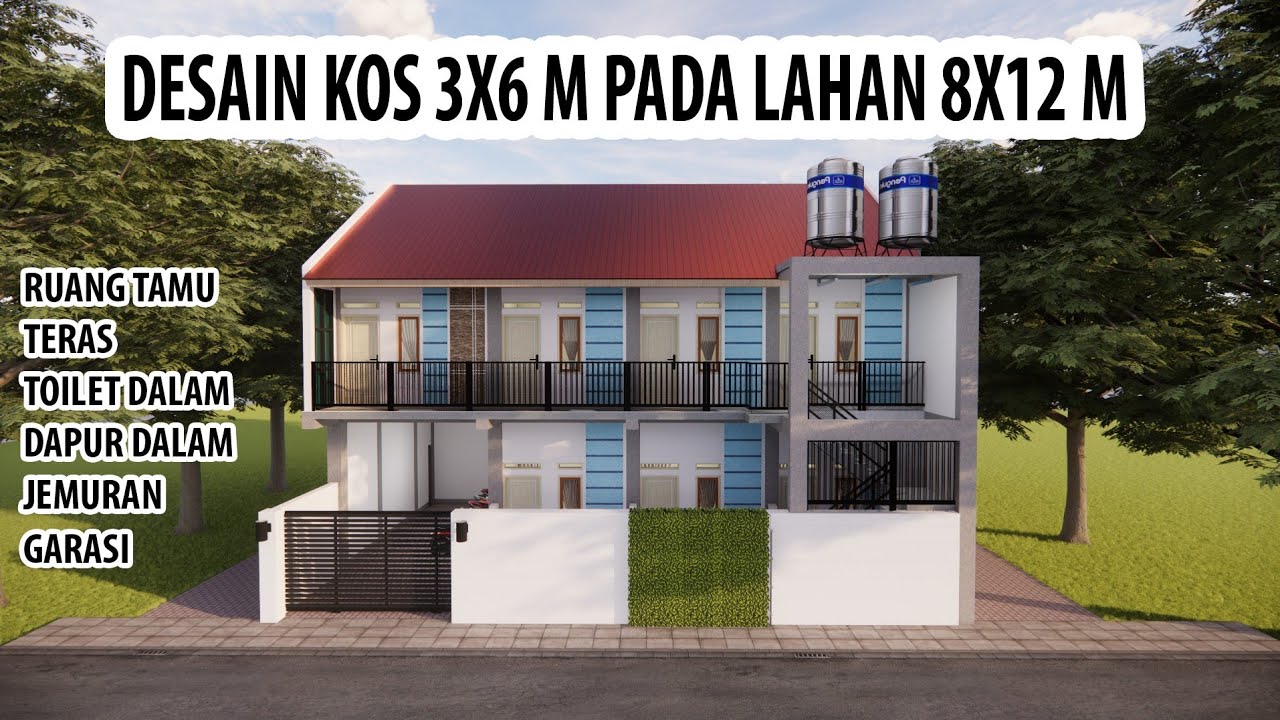 DESAIN KOS 3X6 M PADA LAHAN 8X12 M || Lengkap Dengan Teras, Ruang Tamu, Dapur, Toilet & Jemuran