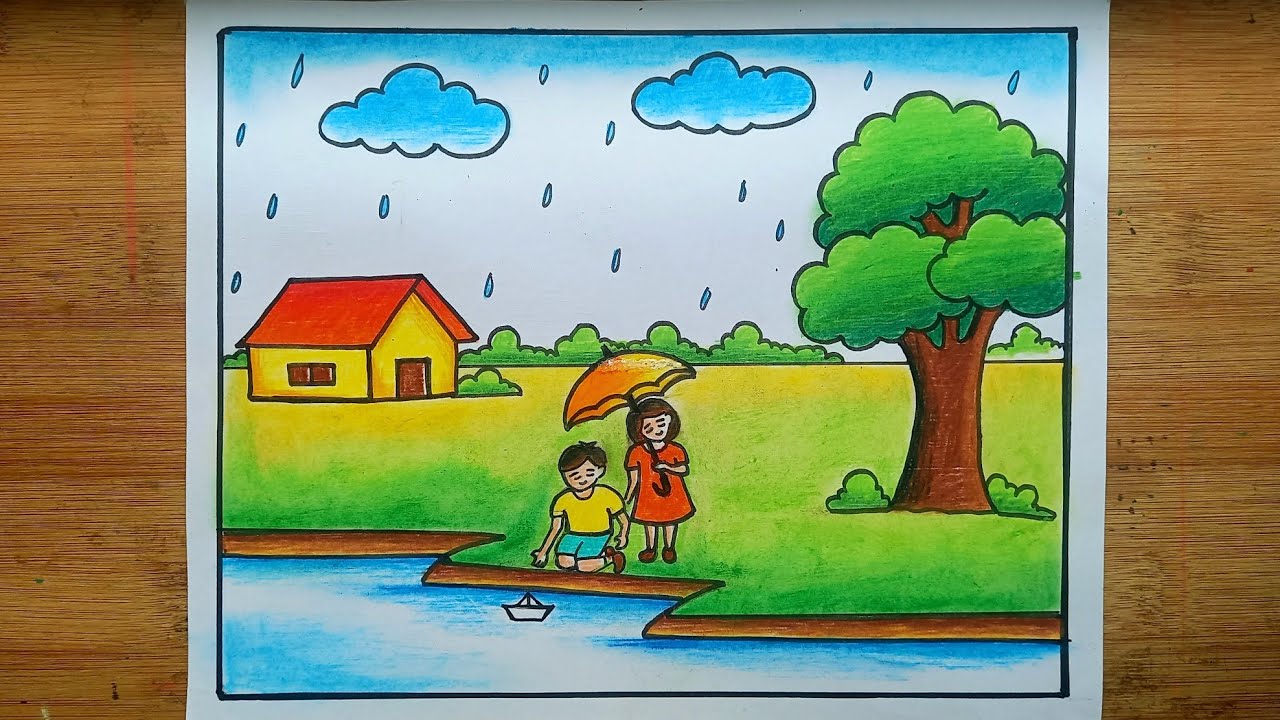 Rainy Season Drawing/ How To Draw Rainy Day Very Easy Step By Step/ Rainy Season Scenery Drawing