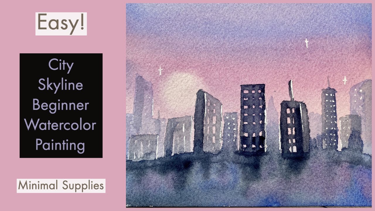 Beginner Watercoloring Tutorial | Easy City Skyline Painting