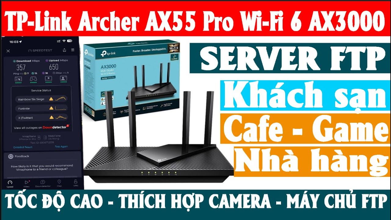 Phát wifi TP Link Archer AX55 Pro Wi Fi 6 AX3000 dành cho quán cafe, nhà hàng, khách sạn, server ftp