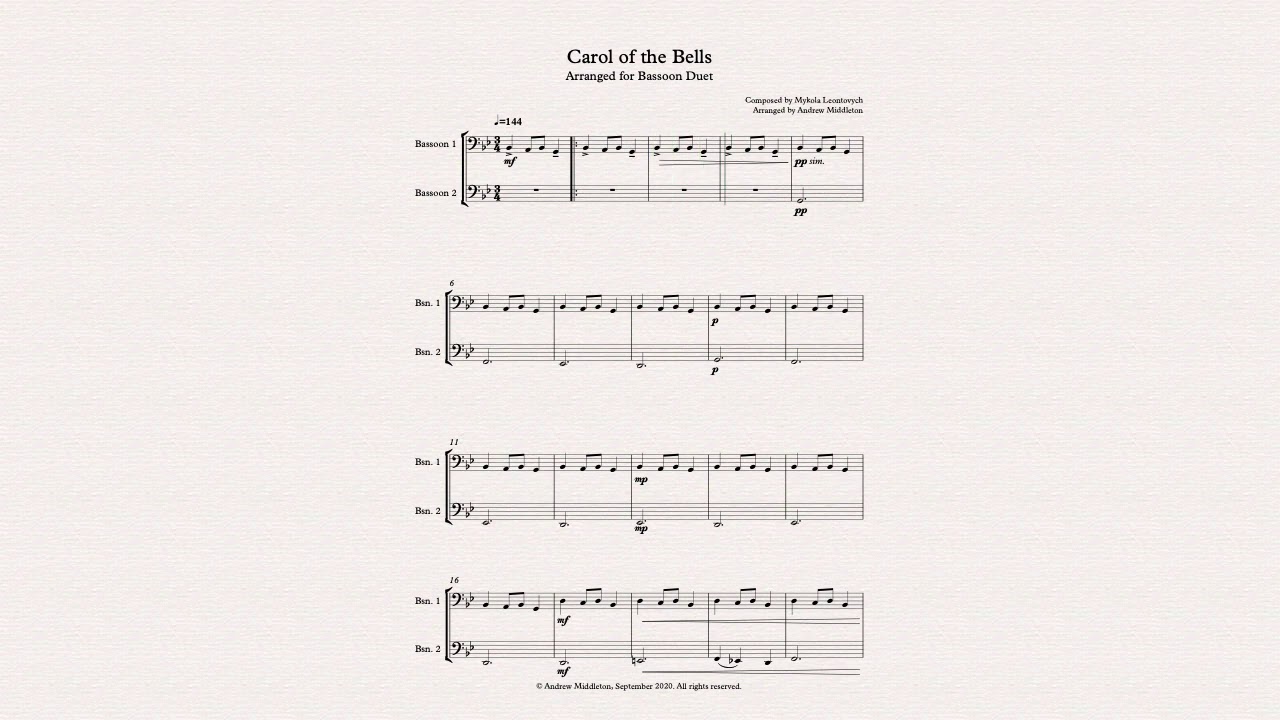 Carol of the Bells arranged for Bassoon Duet