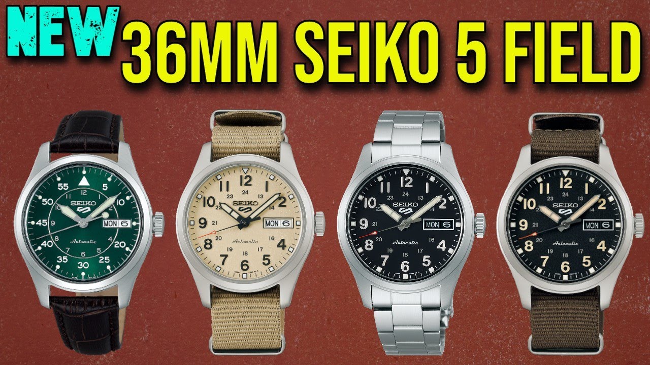 New 36mm Seiko 5 Sports Automatic Mid Size Field Watches SRPJ81, SRPJ83, SRPJ85, SRPJ87, and SRPJ89