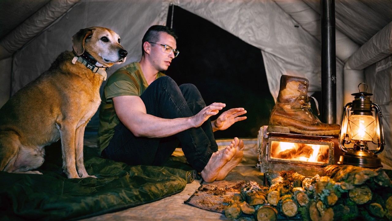 Hot Tent Camping After Ice-Cold River Crossing – Warming Up with My Dog