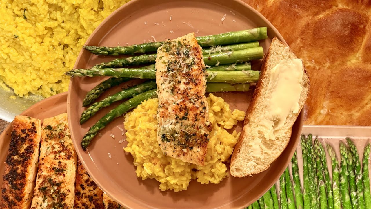 Easy Garlic Butter Pan-Seared Salmon: Quick Challah Bread, Parmesan Asparagus & Saffron Risotto