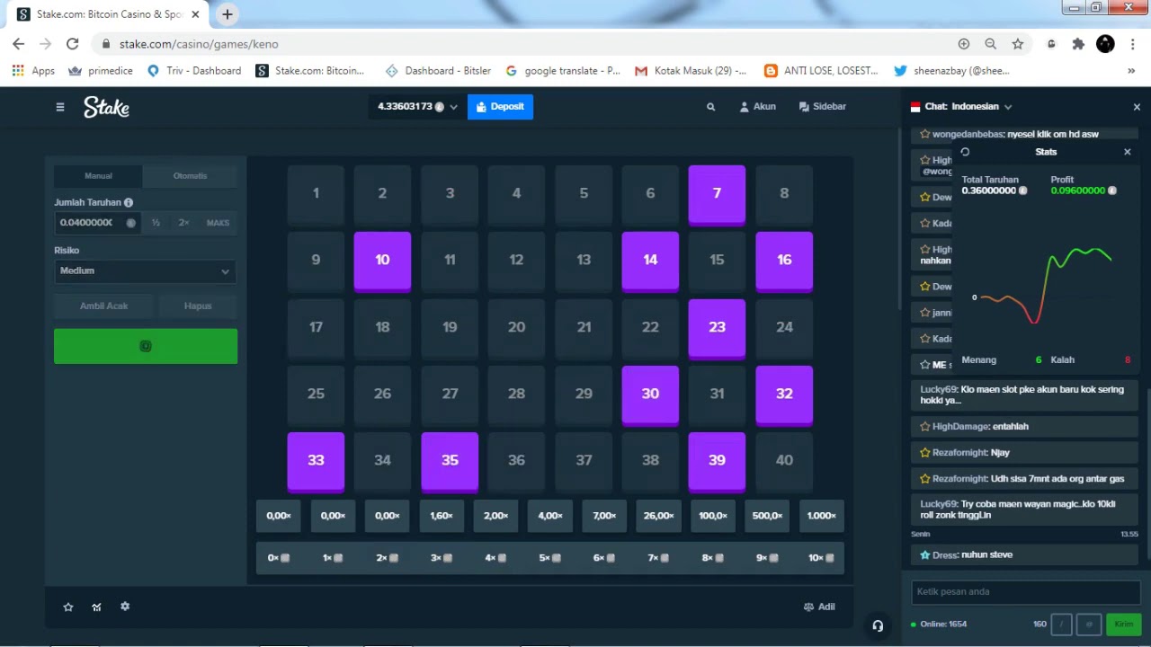 Playing Keno (medium risk) at stake.com