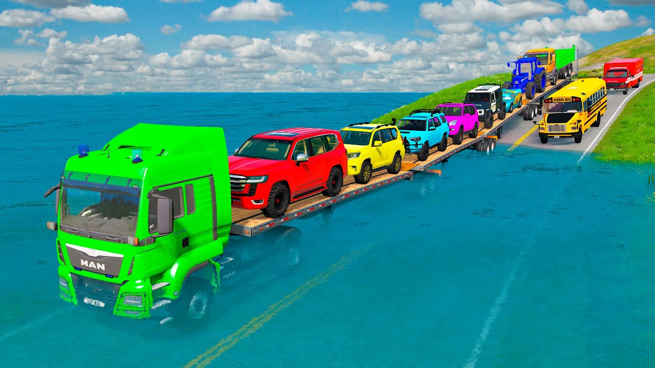 Triple Flatbed Trailer McQueen Transportation with Truck - Speedbumps vs Cars vs Train - BeamNG #235