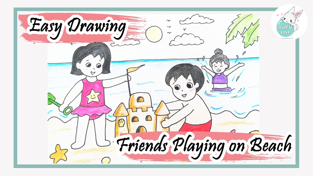Friends playing on the beach enjoying Summer vacation step by step drawing tutorial for beginners