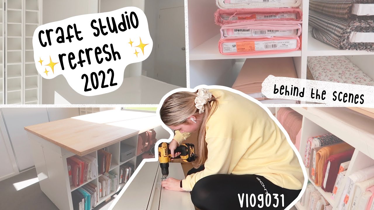 sewing room refresh, IKEA sewing bench hack, scrunchie maker, storage, new work studio vlog 031 BTS