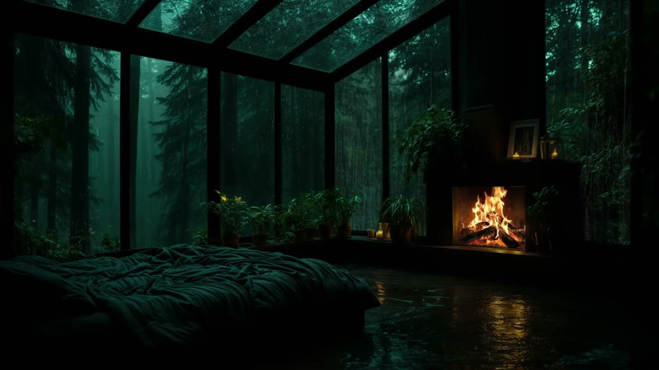 Rainy Forest Night Therapy 🌧️ Fireplace & Glass Roof Rain • Stop Overthinking • Deep Relaxation