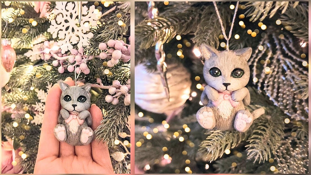 Как сделать котика своими руками с нуля/Ёлочная игрушка/Новогодние поделки/Ёлочное украшения/Clay