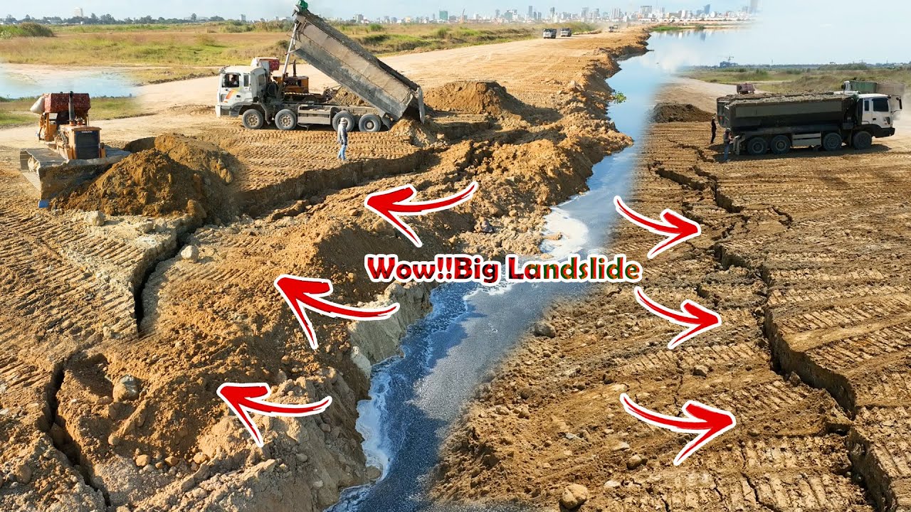 This morning, Big Landslide Slide Down Again Repaire Back with Trucks &Dozers Komatsu   Pushing Soil