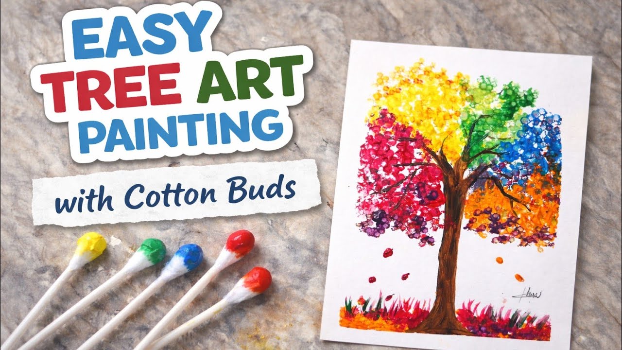 “Easy Tree Painting for Beginners | Cotton Bud Art Tutorial” 🌳🎨