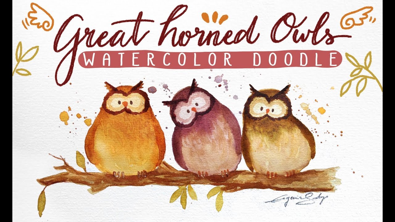 Cute Great Horned Owls in watercolor