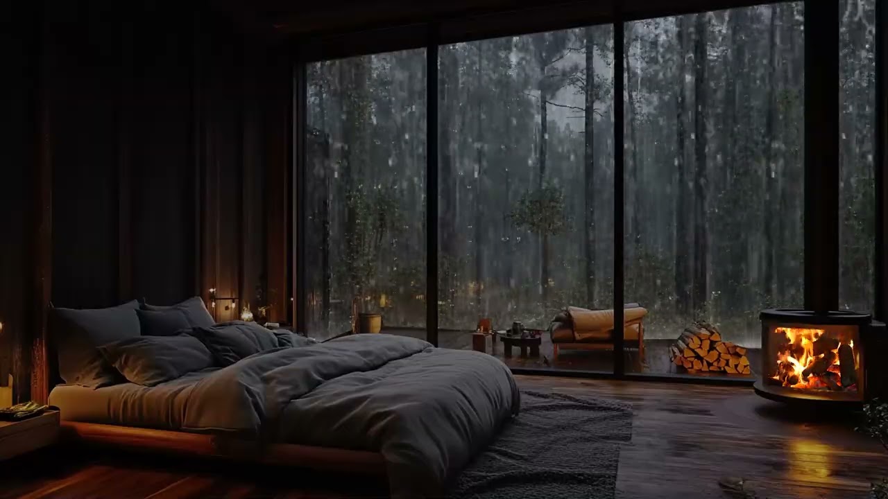 Heavy Rain on Window and Powerful Thunder in a Cozy Cabin for Instant Sleep and Relax