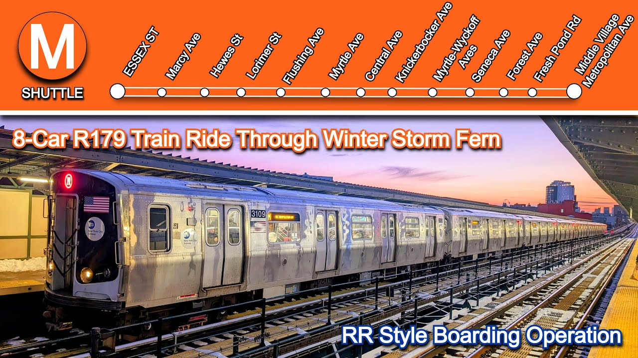 NYC Subway: 8-Car R179 (M) Shuttle Train Ride During Winter Storm Fern + Railroad Style Boarding