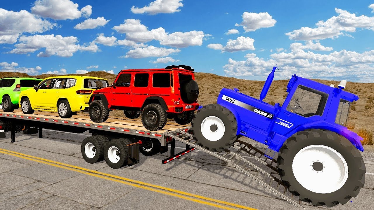 Triple Flatbed Trailer McQueen Transportation with Truck - Speedbumps vs Cars vs Train - BeamNG