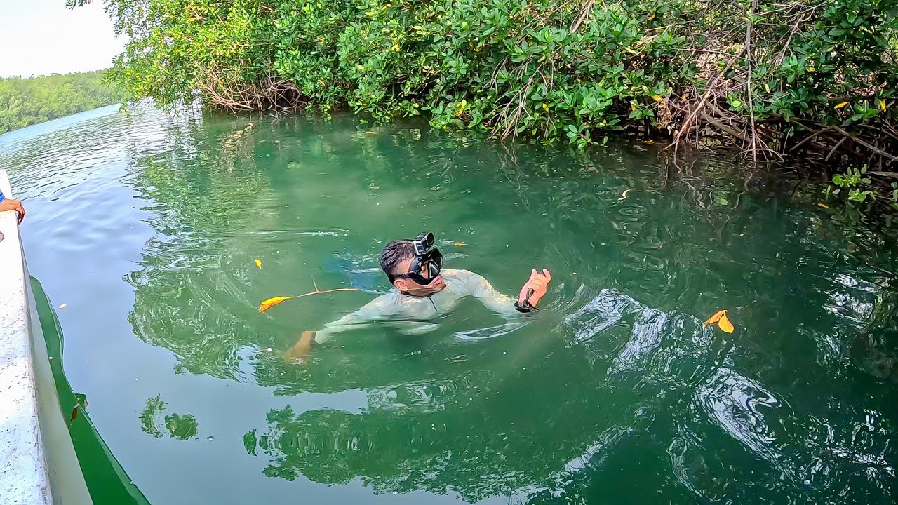 Pesca y cocina en un zanjón con arpón y caña