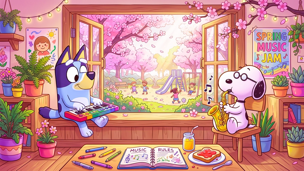 Snoopy & Bluey&rsquo;s Sunny Spring Music Room 🌸🎶 Happy Jam in an Open Blossom Garden | Feel-Good Lofi