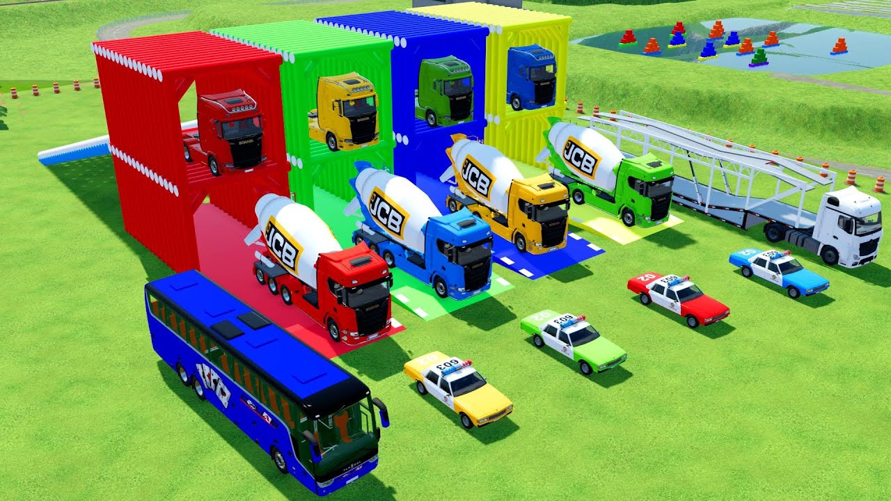 TRANSPORTING COLORFULL DUMP TRUCK, MIXER TRUCK ,CEMENT TRUCK. WHEEL LOADER, BUS TO GARAGE-  - FS22