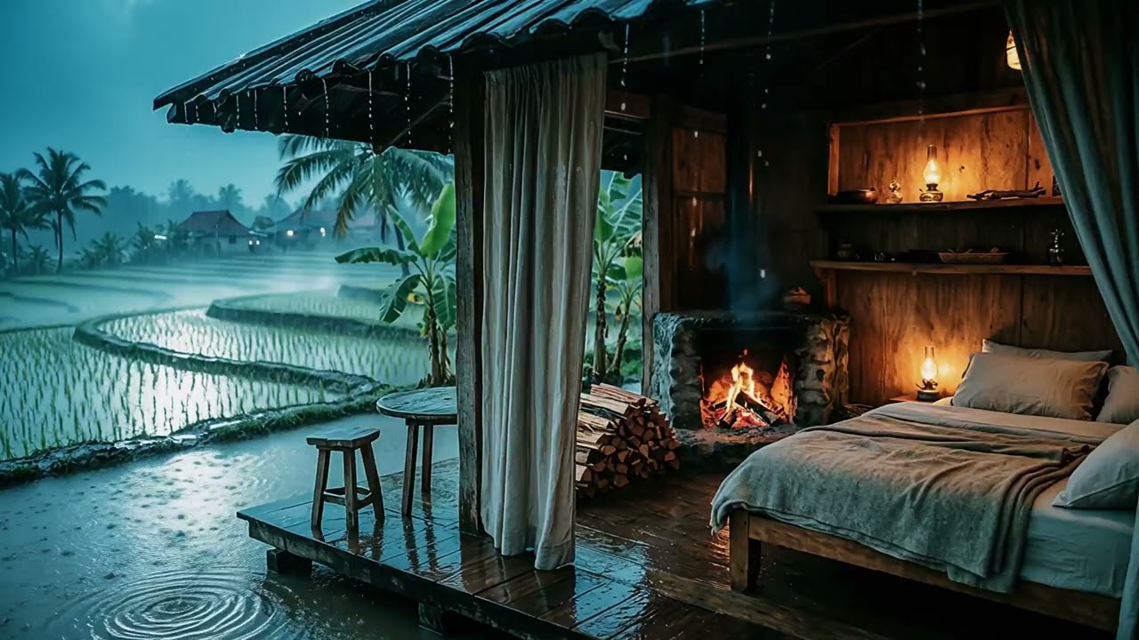 Heavy Rain in Indonesian Rice Field Cabin 🌧️ Cozy Fireplace Ambience for Deep Sleep & Relaxing ASMR