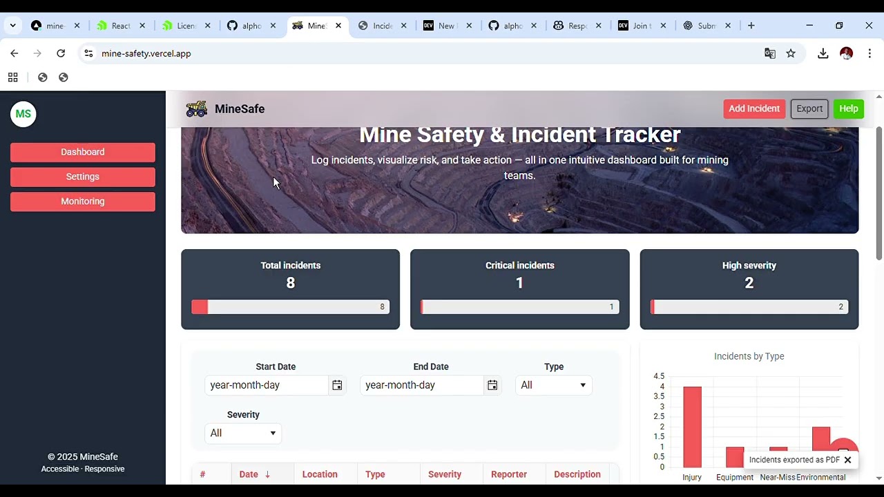 Mine Safety & Incident Tracker | React + KendoReact Free Components Challenge