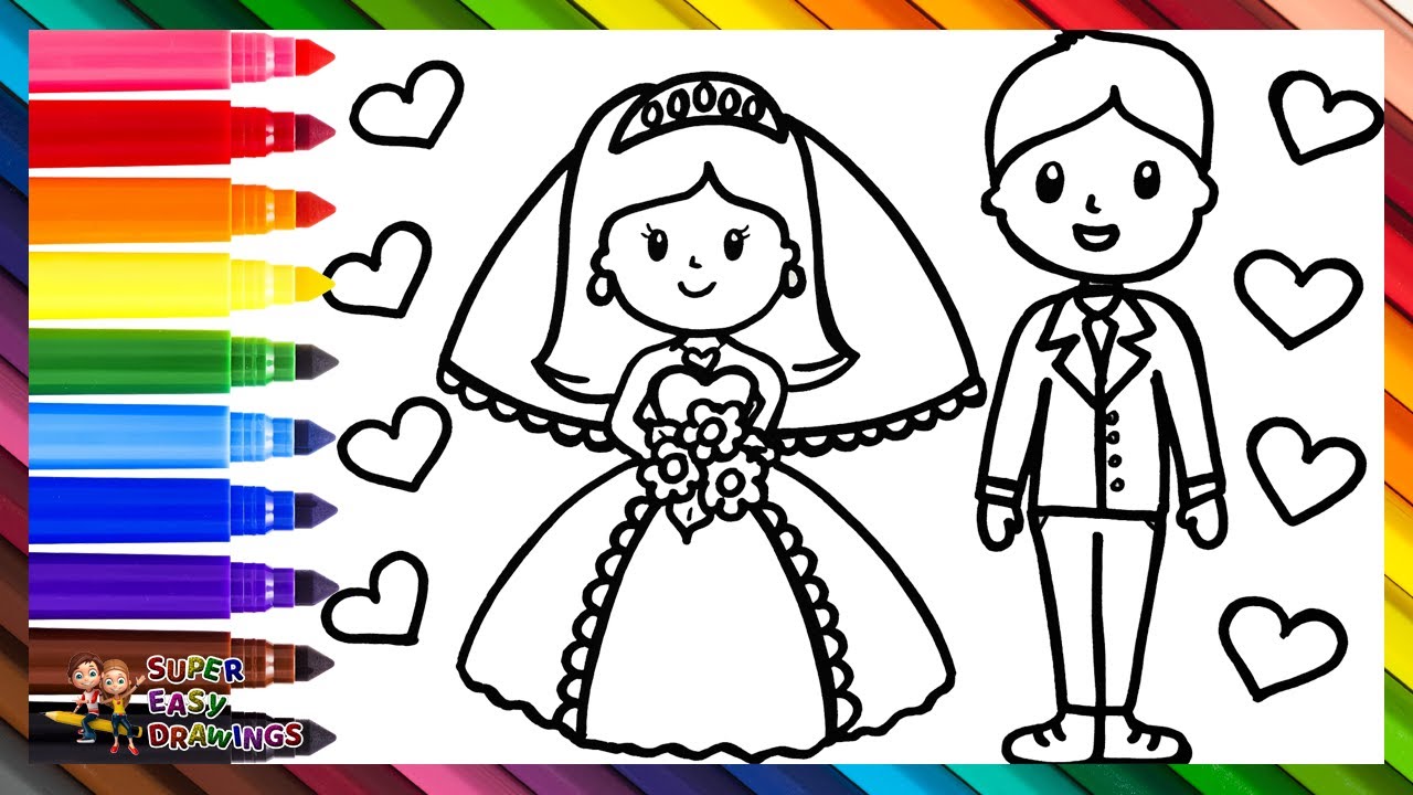 Draw and Color A Groom and a Bride 🤵👰💍❤️🌈 Drawings for Kids