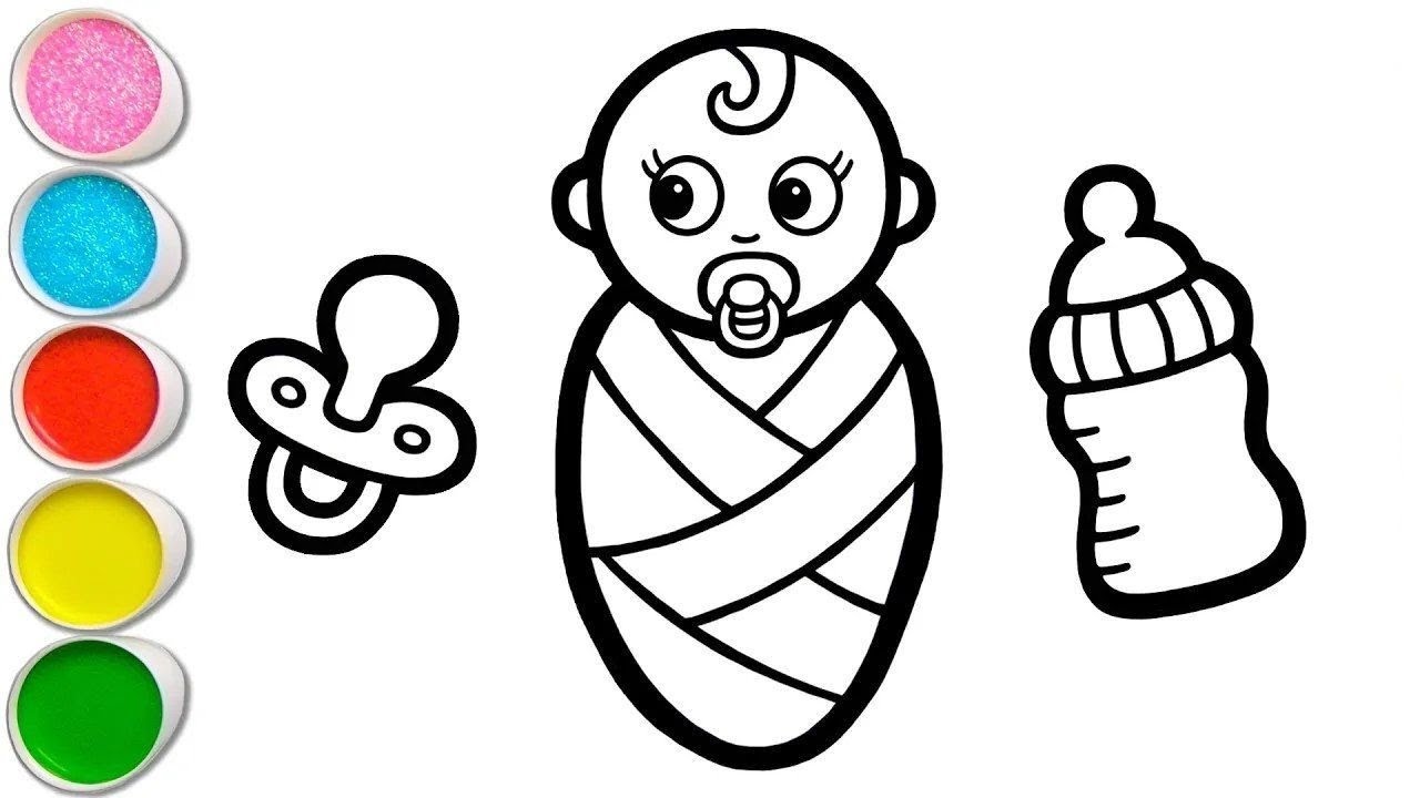 Let's Draw a Baby Girl, a Pacifier, a Feeding Bottle, a Rattle and a Stroller Together |Step By step