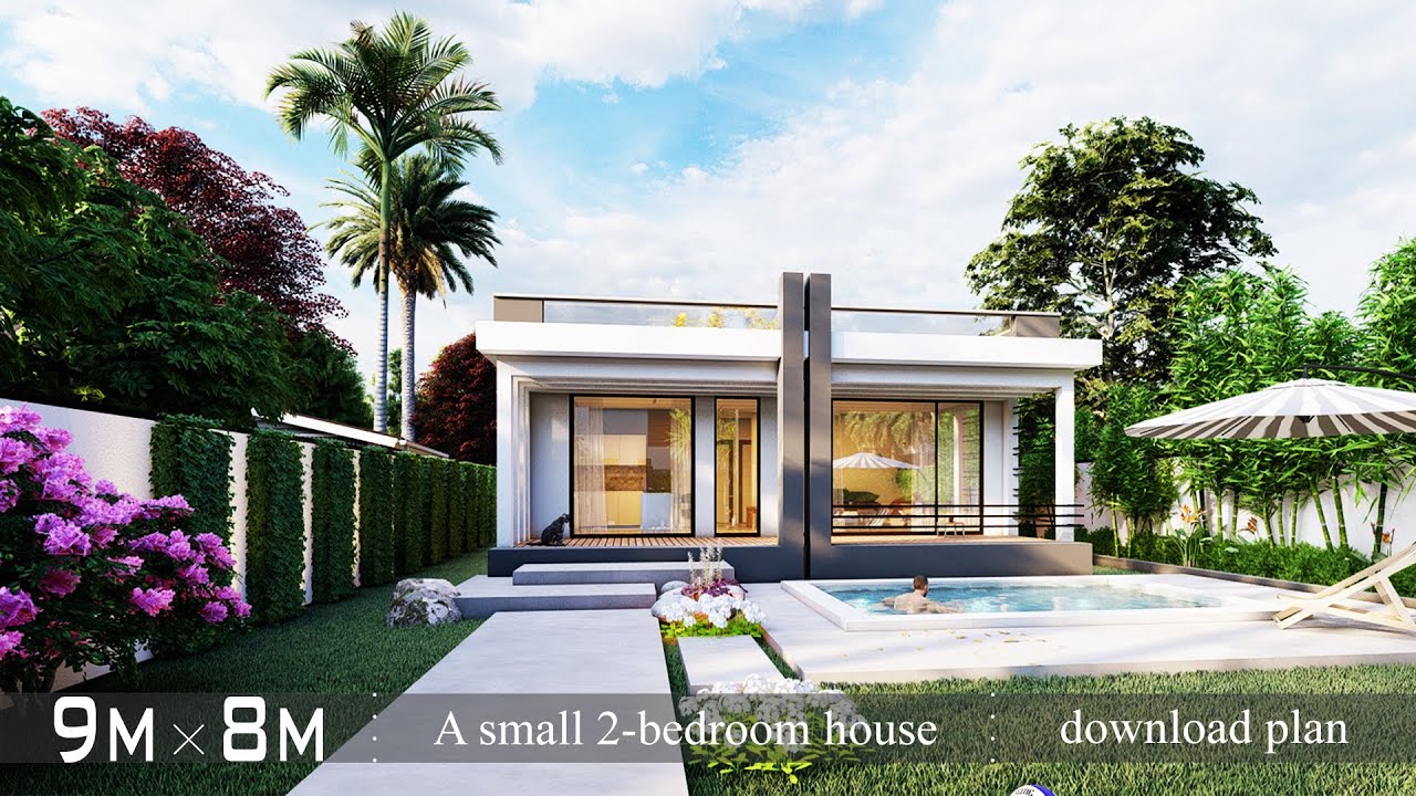 small house design ideas in 8x9 Meters (72 sqm) ! 2 bedroom house ! with pool,balcony, garage, yard.