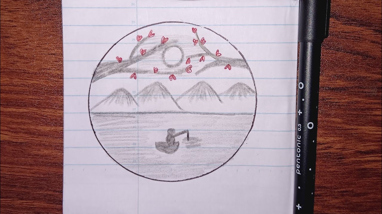 Calm Night Scenery Drawing | Peaceful Moon, Mountains & River Art