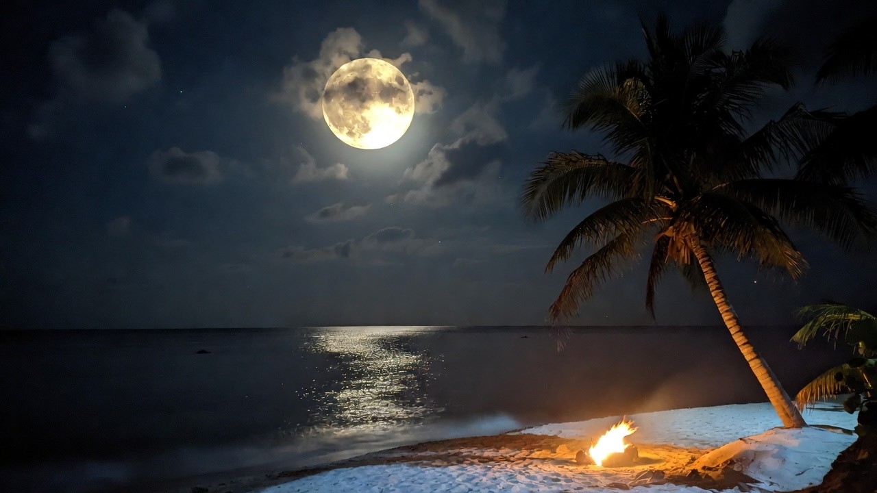 1 Hour Beach Campfire Sounds Under Full Moon 🌙🔥 | Ocean Waves for Sleep & Relaxation