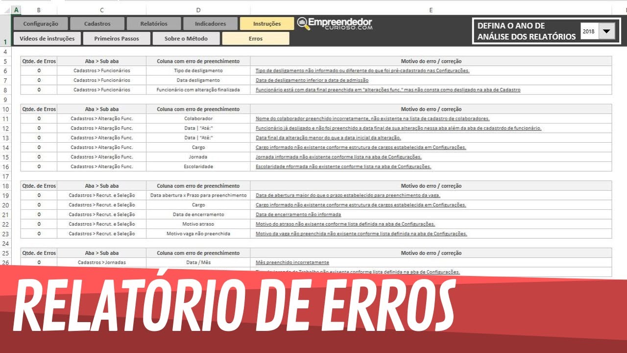 Planilha Indicadores de RH em Excel - Relatório de erros de preenchimento 15/15