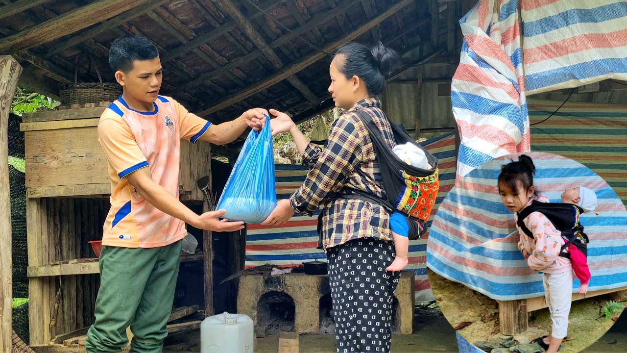 mother & child redecorate the garden to grow vegetables. uncle comes home from work to buy more rice