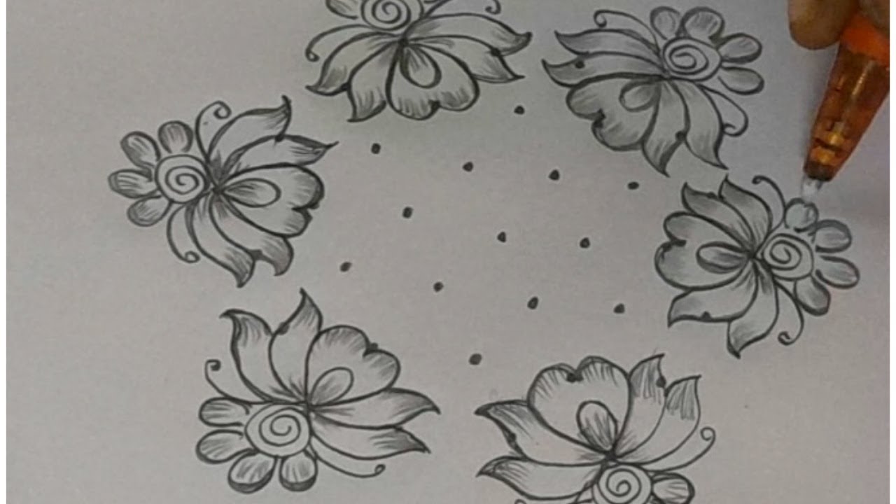 Beautiful pencil art rangoli/simple kolam/ 7x4dots lotus flower rangoli @liniviya creative rangoli