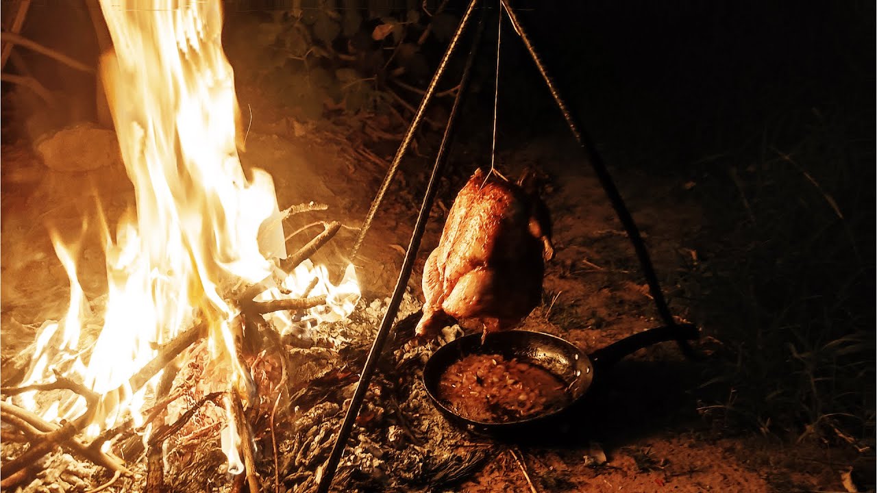 Rotisserie Chicken on a Tripod camping