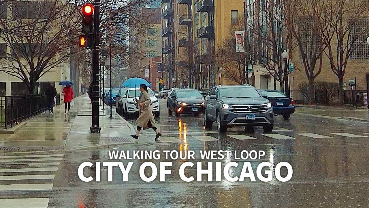Rainy Day Walk in Downtown Chicago, Greek Town, West Loop Fulton, Illinois, Rain & City Sounds, 4K