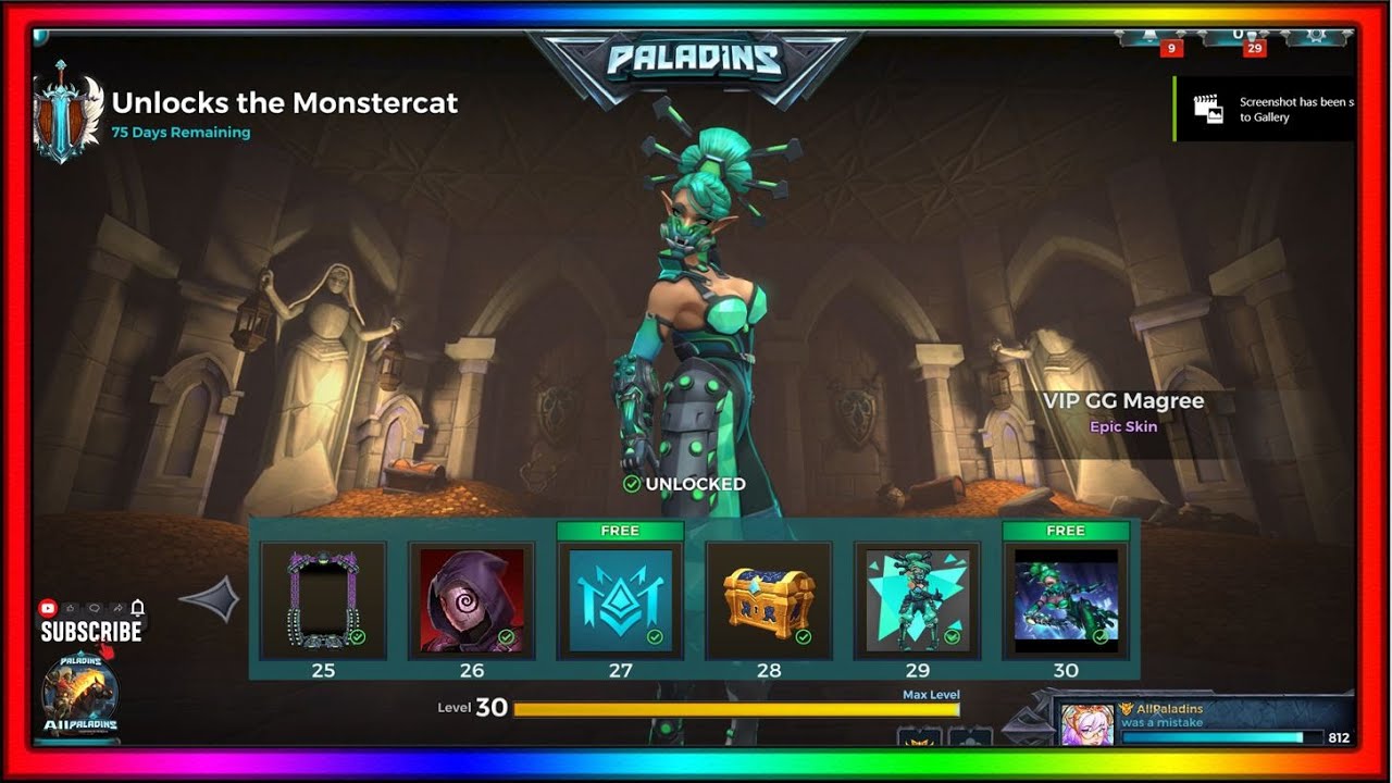 Paladins 5.2 Monstercat Event Pass 7 All Items, All Levels, Free and Paid Path