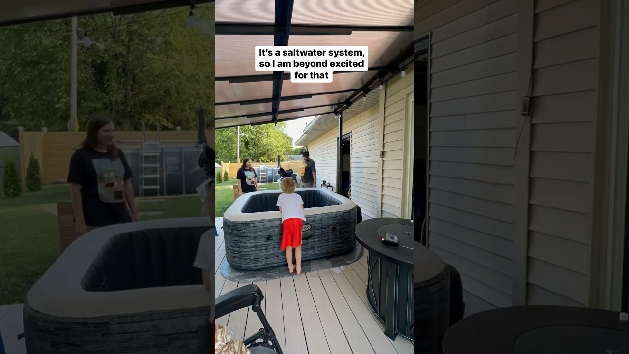 This hot tub is a mental health purchase ok😂#hottub #deck #patio #ideas #pool #backyard #inflatable