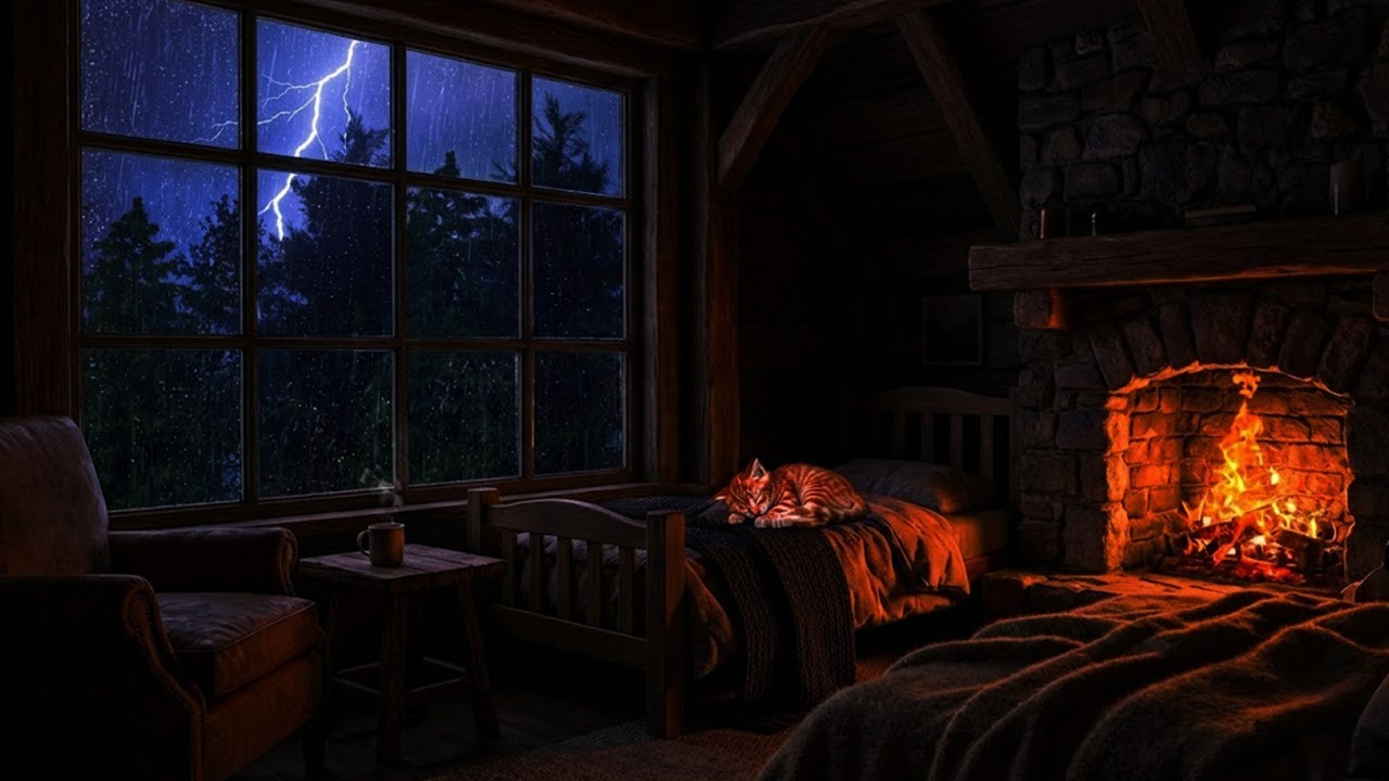 Deep Healing Sleep 🌧️ Thunderstorm Rain & Fireplace in a Cozy Bedroom | Beat Insomnia ⚡
