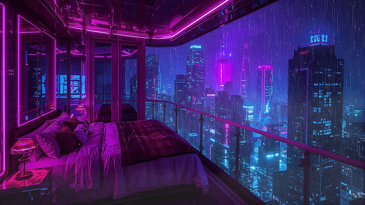 Lofi Rainy Nights 🌧️ – Futuristic Neon Balcony Cityscape Vibes for Relaxing, Coding & Studying | 4K