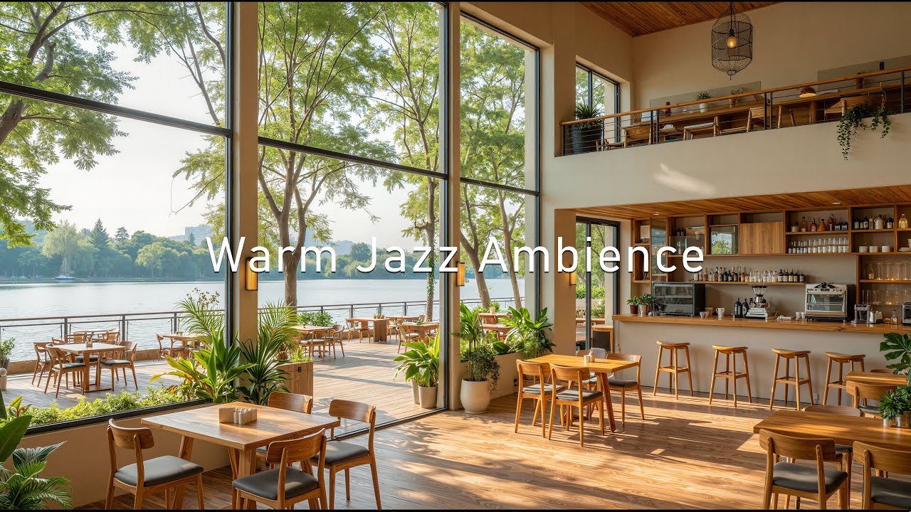 Relaxing Lakeside Jazz Cafe Ambience | Soft Jazz Piano & Nature Sounds for Stress Relief