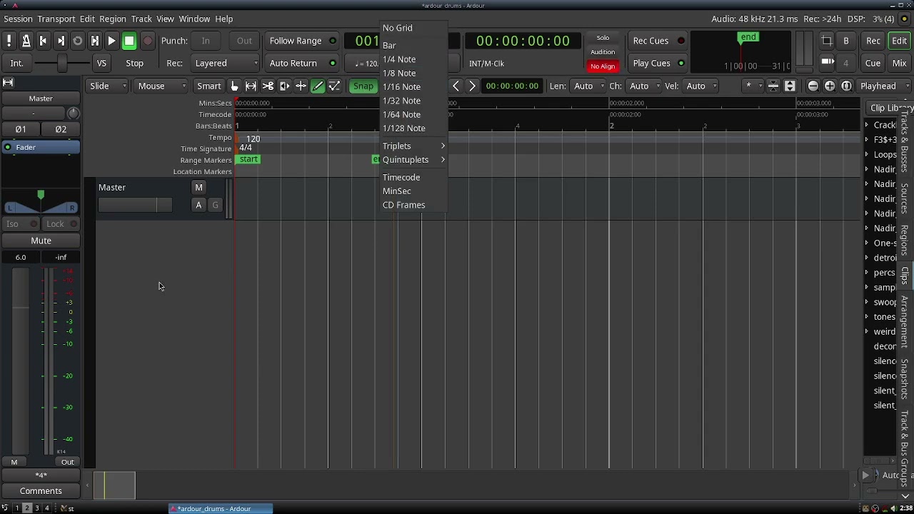 easy ardour drum-bass track, beginner
