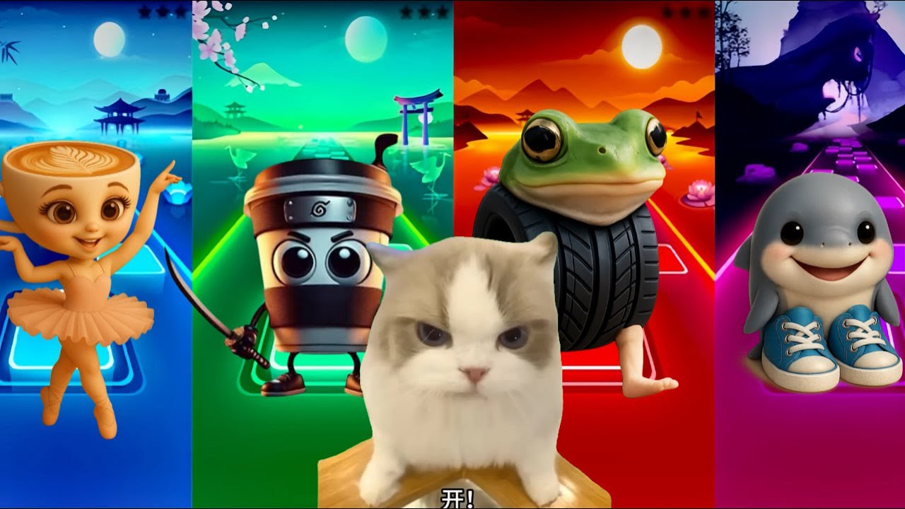 🔥🎵 Tiles Hop Battle: 4️⃣ Characters Showdown 🌟Cappucino Balerina⚡️Cappucino Ninja🎹Baby Shark🌈🎶