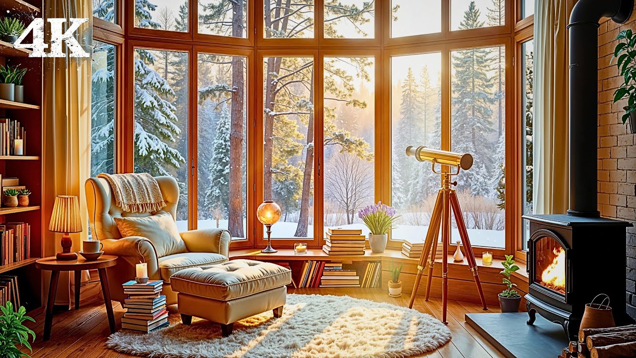 Winter Woods Sunroom Ambience | Elevate Your Mood with Cozy Fireplace & Sunny Snowfall