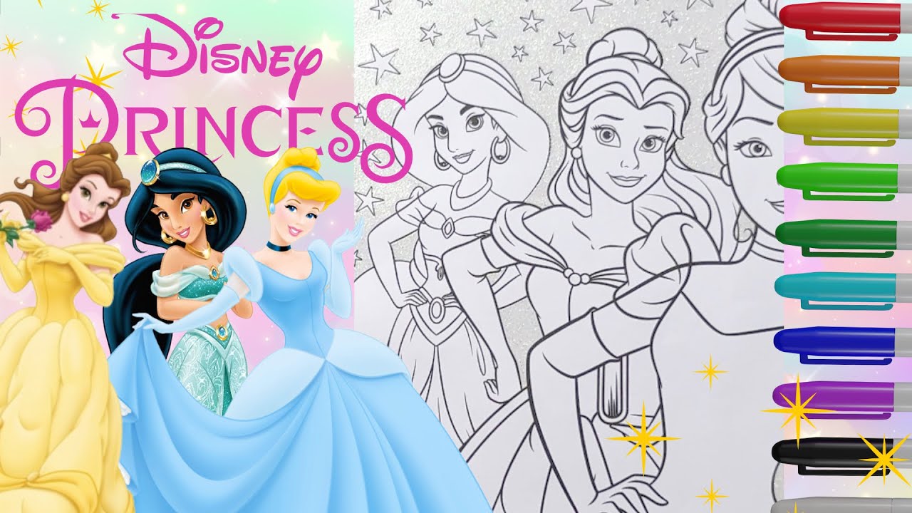 Disney Princess Coloring page (Jasmine, Cinderella & Belle) | Color with me using glitter & markers 