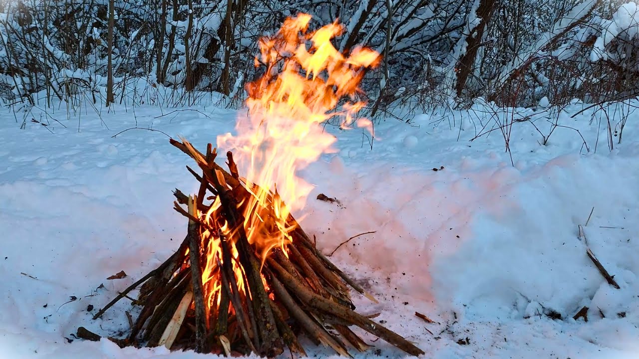 4K 📺 Quiet winter bonfire in the deep forest ❄️🌲Cozy winter nature